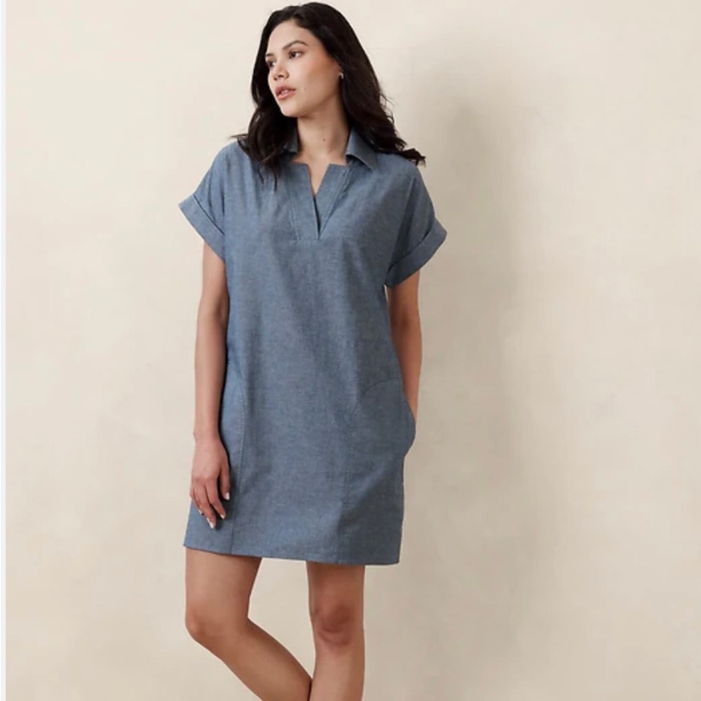 NWT BANANA REPUBLIC CHAMBRAY MINI DRESS—-linen blend with pockets